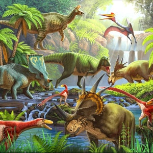Dinosaurs in the Jungle Panel - # ML-3245-1C - by David Textiles - 43.5&quot; Wide x 35.5&quot; Tall - 100% Cotton Woven Fabric Panel
