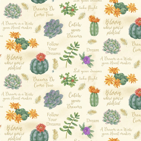 Dream Catcher - #GLA-9746-46 - Succulents & Inspirational Words - by Henry Glass - 100% Cotton Woven Fabric - Choose Cut