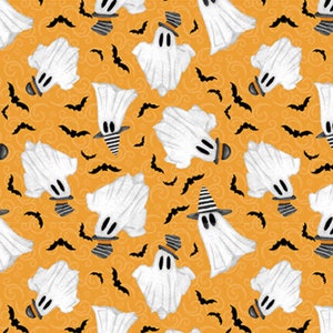 Olde Salem&#39;s Black Hat Society - Ghosts Glow - #317G-33 Orange - by Henry Glass - 100% Cotton Woven Fabric - Choose Your Cut