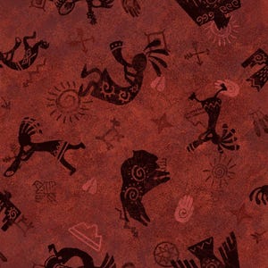 Peut inclure: Un fond rouge avec un motif répété d'art amérindien stylisé en noir et blanc. Le motif comprend des figures de personnes, d'animaux et de formes géométriques.