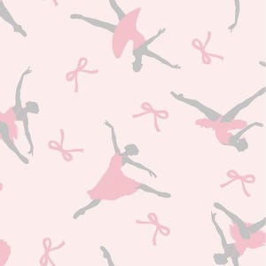 May include: A repeating pattern of gray ballerina silhouettes in various poses, wearing pink dresses and tutus, interspersed with pink bows, on a light pink background. The design is suitable for fabric or wallpaper.