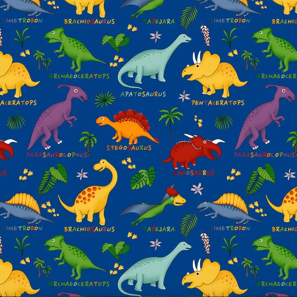 Lost World - Main - Dinosaurs on Blue - #11231601 - by Paintbrush Studio - 100% Cotton Woven Fabrics - Choose Your Cut