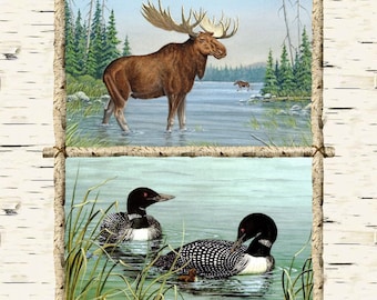May include: A white birch bark background with nine framed images of various woodland animals. The images include a moose, a deer, and a bear. The frames are made of twigs and branches.