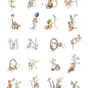 May include: A collection of alphabet letters from A to Z, each decorated with watercolor illustrations of woodland animals like foxes, deer, bears, and rabbits, alongside botanical elements such as flowers, leaves, and branches in soft, muted tones.