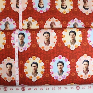 Portraits of Frida on Red - #C3413 - by Robert Kaufman - Hispanic Folk Artist - 100% Cotton Woven Fabric - Choose Cut- OUT of PRINT