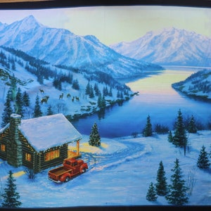 Christmas Wonderland - #8912 Black - Red Truck at Cabin on Lake - Measures 35.5" x 43" - by Elizabeth's Studio - 100% Cotton Woven Fabric