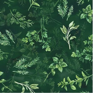 May include: A green background with a watercolour pattern of various herbs and spices. The herbs and spices are labelled with their names, including parsley, oregano, rosemary, basil, dill, thyme, sage, and marjoram.