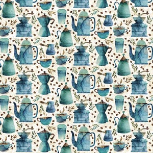 May include: A seamless pattern featuring watercolor illustrations of coffee brewing equipment in shades of blue and green. The pattern includes coffee pots, coffee grinders, mugs, and coffee beans on a cream background.
