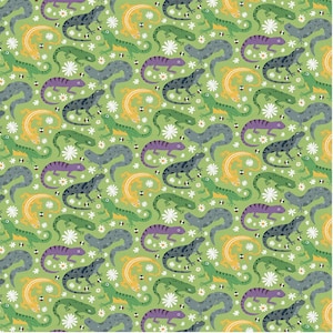 May include: A repeating pattern of colorful lizards and white daisy-like flowers on a light green background. The lizards are in shades of green, purple, gray, and yellow. This design is suitable for fabric, wallpaper, or other decorative applications.