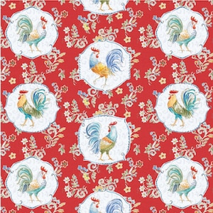 Morning Bloom - Roosters - # WA-5825-9C-2 Red/Multi - by David Textiles - 100% Cotton Woven Fabric, Choose Your Cut