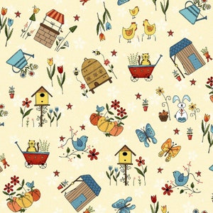May include: A yellow background with a repeating pattern of various illustrations. The illustrations include a beehive, a birdhouse, a well, a watering can, a cat, a butterfly, a bunny, a pumpkin, and a flower. The illustrations are in a whimsical style and are perfect for a farmhouse or country decor.