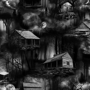 May include: A black and white fabric pattern featuring multiple log cabins nestled in a dense, foggy forest. The scene includes silhouettes of figures, bare tree branches, and a full moon, creating a dark, atmospheric, and repetitive visual design.