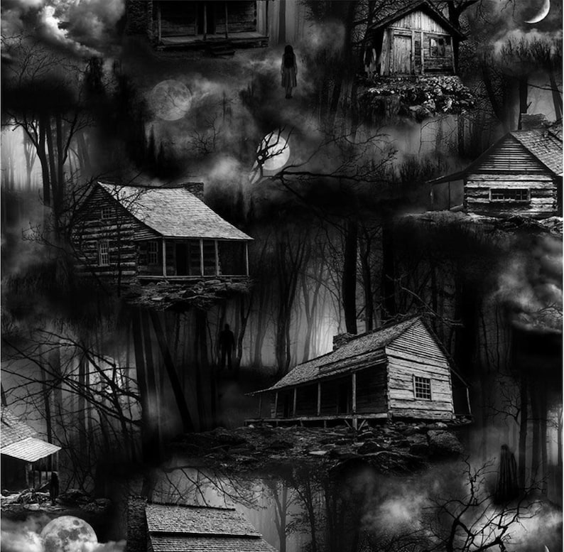 May include: A black and white fabric pattern featuring multiple log cabins nestled in a dense, foggy forest. The scene includes silhouettes of figures, bare tree branches, and a full moon, creating a dark, atmospheric, and repetitive visual design.