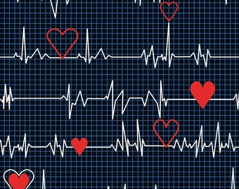 Calling All Nurses 37302-1 Black Heart Beat by Windham Fabrics, 100% Cotton Woven Fabric, Choose Your Cut