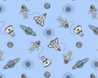 Franela cómoda estampada - #1047-11 Azul - Astronautas y naves espaciales - por AE Nathan - Franela 100 % algodón - Elige tu corte