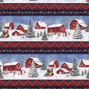 May include: A winter scene with red barns, snow-covered trees, and a snowy ground. The barns have white roofs and windows. There are small evergreen trees in the foreground. The scene is repeated four times, with a red and black plaid pattern and a holly border between each scene.
