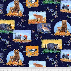 May include: A dark blue fabric with a repeating pattern of bears, foxes, birds, and blueberries. The pattern is set against a dark blue background. The fabric has a white ruler with inch markings.