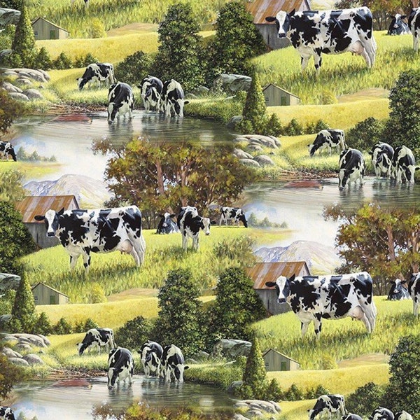 Animal Traditions - Cows at the River - Farming - by David Textiles - 100% Cotton Woven Fabric, Choose Your Cut