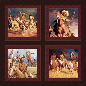 May include: A fabric panel featuring four framed images of Native American warriors on horseback. The paintings depict scenes of action and leadership, with detailed depictions of clothing and weaponry. The panel has a dark brown background with burgundy borders.