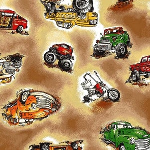 May include: A digital illustration of various vehicles on a brown background. The vehicles include a red pickup truck, a green pickup truck, a yellow pickup truck, a red monster truck, a motorcycle, and a blue and green pickup truck.