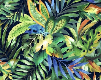 Oasis Fabrics, Tropics, Leaves on Navy, 100% Cotton Woven Fabric, Choose Your Cut