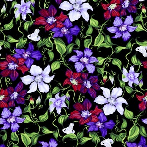 Trellis Clematis Vine - by Clothworks - Pattern #Y3180-3 - Black - 100% Cotton Woven Fabric, Choose Your Cut
