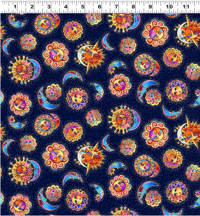 May include: A navy blue fabric with a repeating pattern of colorful suns and moons. The suns and moons are stylized and have faces. The background is a dark blue with white dots.
