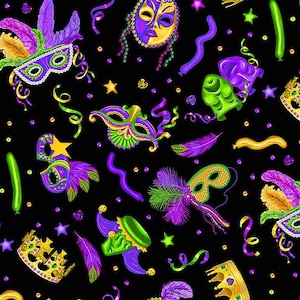 Mardi Gras Masks and Crowns - Pattern # GAIL-CD8581  BLACK - by Timeless Treasures - Digital Print - 100% Cotton Woven Fabric - Choose Cut