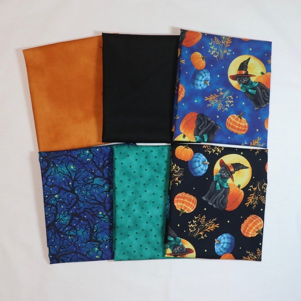 Abra-CAT-Dabra  - 6 Halloween Fat Quarters - by Quilting Treasures - 100% Cotton Woven Fabric - May Purchase With or Without Matching Panel