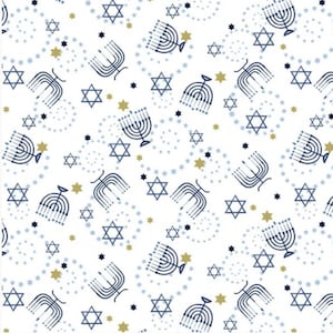The Gift of Light - #8290-07 White - Menorahs All-Overs - by Studio E - 100% Cotton Woven Fabric - Choose Your Cut