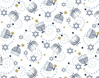 May include: White background with a repeating pattern of blue and gold menorahs, six-pointed stars, and dotted swirls. The menorahs are stylized with nine candle holders. The stars and menorahs are in a repeating pattern.