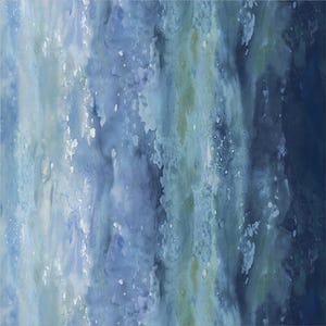 May include: Abstract watercolor painting with vertical streaks of blue, teal, and white. The artwork features a blend of colors and textures, creating a flowing, watery effect. The painting has a modern, artistic aesthetic.