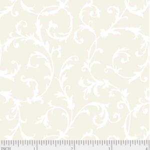May include: White floral pattern on a cream background. The pattern is a repeating design of stylized leaves and vines. The fabric is shown with a ruler for scale.