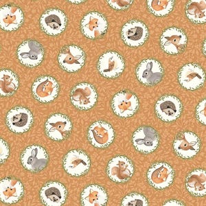 May include: A brown fabric with a repeating pattern of white circles containing various woodland animals, including foxes, squirrels, rabbits, deer, birds, and hedgehogs. The background is a light brown with a subtle leafy pattern.