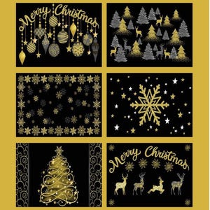 May include: A collection of six Christmas-themed designs on a black background. The designs feature gold and silver ornaments, snowflakes, Christmas trees, deer, and the words "Merry Christmas". The designs are set against a gold border.