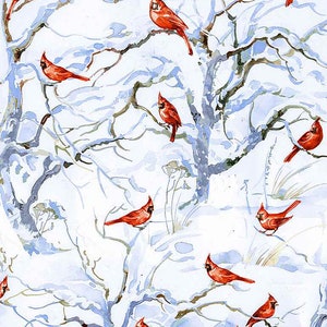 Remnant 3/4 yard - Red Cardinals in the Snow - Pattern # C8666  WHITE - Winter Birds - by Timeless Treasures - 100% Cotton Woven Fabric