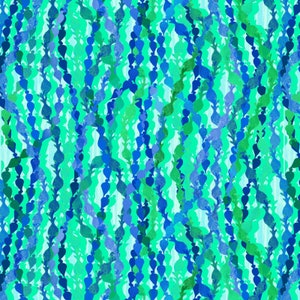 May include: A seamless pattern featuring a repeating design of blue and green teardrop shapes. The shapes are arranged in vertical rows, creating a flowing, organic look. The background is a light blue color.