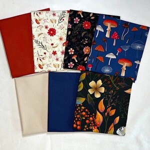 7 Fat Quarters - Midnight Flora - Mushrooms, Leaves, Flowers and Berries - by Clothworks - 100% Cotton Woven Fabric