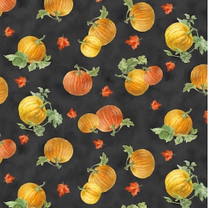 Harvest Gold - #1077 89266 985 - Tossed Pumpkins on Black - by Wilmington Prints - 100% Cotton Woven Fabric - Choose Cut
