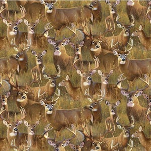 A Buck Stops Here - # 44002 Gold - Packed Deer - by Elizabeth&#39;s Studio - 100% Cotton Woven Fabric - Choose Your Cut