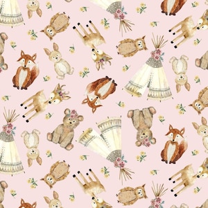 Forest Friends - Tossed Animals - Pink - Pattern # 3WI18673-PNK-CTN-D - by 3 Wishes - 100% Cotton Woven Fabric - Choose Your Cut