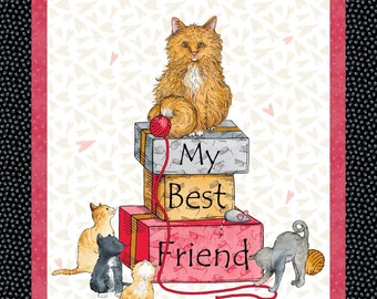 Peut inclure: Une illustration colorée de chats jouant avec de la laine et une pile de boîtes sur lesquelles est écrit "Mon meilleur ami".