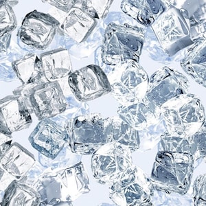 May include: A close-up image of numerous clear ice cubes scattered on a pale blue background. The ice cubes vary in size and shape, with visible edges and internal details. The overall effect is cool and refreshing.