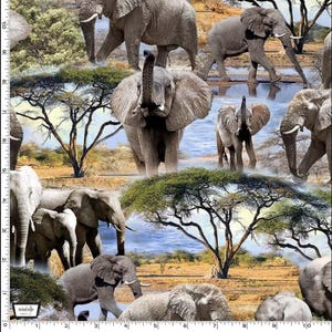 May include: A seamless pattern featuring a collage of African elephants in a natural setting. The elephants are depicted in various poses, some walking, some standing, and some drinking from a waterhole. The background features a blue sky, green trees, and brown earth.