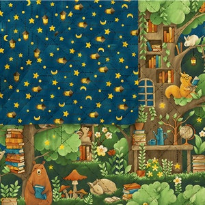 May include: A whimsical illustration of a forest scene with a treehouse filled with books. The treehouse has a window and a squirrel reading a book. There are other animals in the forest, including a bear, a rabbit, and a bird. The background is a blue and yellow patterned fabric with stars and moons.
