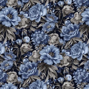 Dots & Holes Collection 8149-77 Indigo - Blue and Gray Large Floral - by Studio E - 100% Cotton Woven Fabric - Choose Your Cut