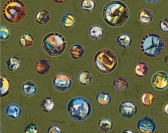 National Parks Emblems Avocado - #CD13292 - by Riley Blake, 100% Cotton Woven Fabric, Choose Your Cut