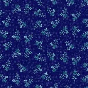 Pode incluir: Um padrão sem costura com flores e folhas azuis sobre um fundo azul escuro.