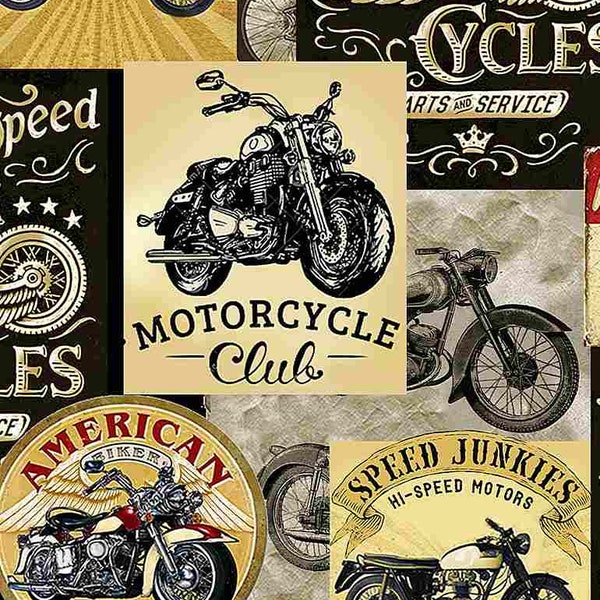 Timeless Treasures - Packed Vintage Motorcycle Signs from the Enjoy the Ride Collection - 100% Cotton Woven Fabric - Choose Your Cut