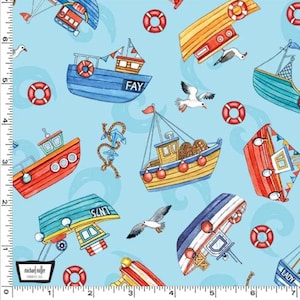 May include: A blue and white fabric with a nautical theme. The fabric features a repeating pattern of boats, seagulls, life preservers, and anchors. The boats are in various colors, including red, yellow, and blue. The seagulls are white with black markings. The life preservers are red with white stripes. The anchors are silver with black ropes. The fabric is perfect for creating nautical-themed projects, such as quilts, pillows, and bags.